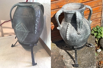 2 Schwere hohe mediterrane Bodenvasen mit Schmiedeeisen Fuss - GRAU