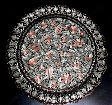 Orientalischer Wandschmuckteller, massives Kupfer, florale Motive, 34cm Dm