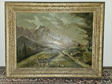 Antik! Original Ölgemälde Gebirge Ölbild Gemälde Garmisch Metall Rahmen 71 x 56 cm TOP!