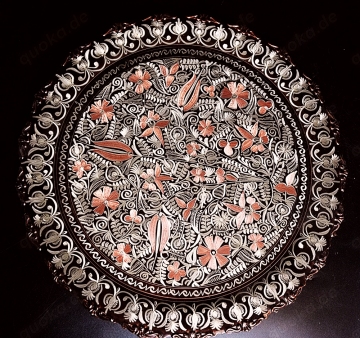 Orientalischer Wandschmuckteller, massives Kupfer, florale Motive, 34cm