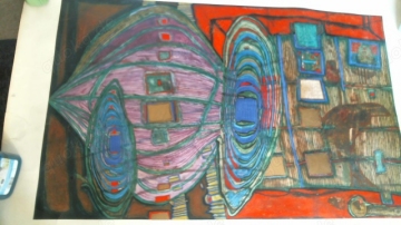 Friedenreich Hundertwasser Kunstdruck, Motiv Erinnerungen an das Bild 1960, Bild selbst ok, Ränder ab